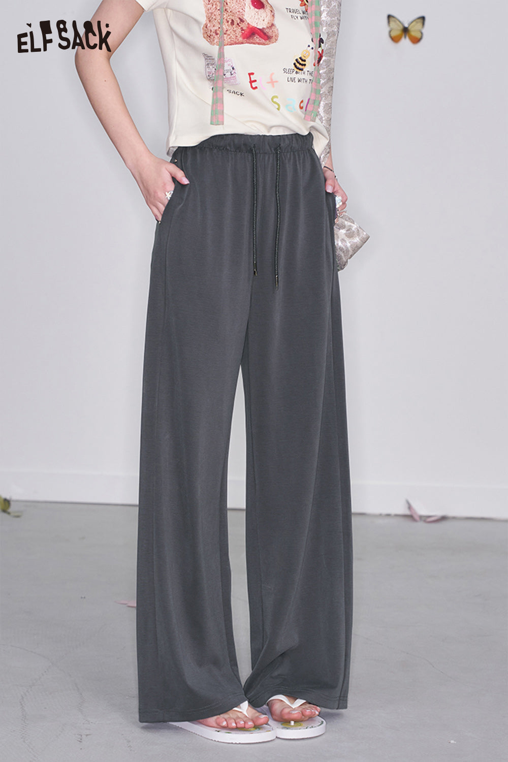 ELFSACK Y2K Retro Grey High Waist Drawstring Straight Pants Women Loose All-match Sweatpants