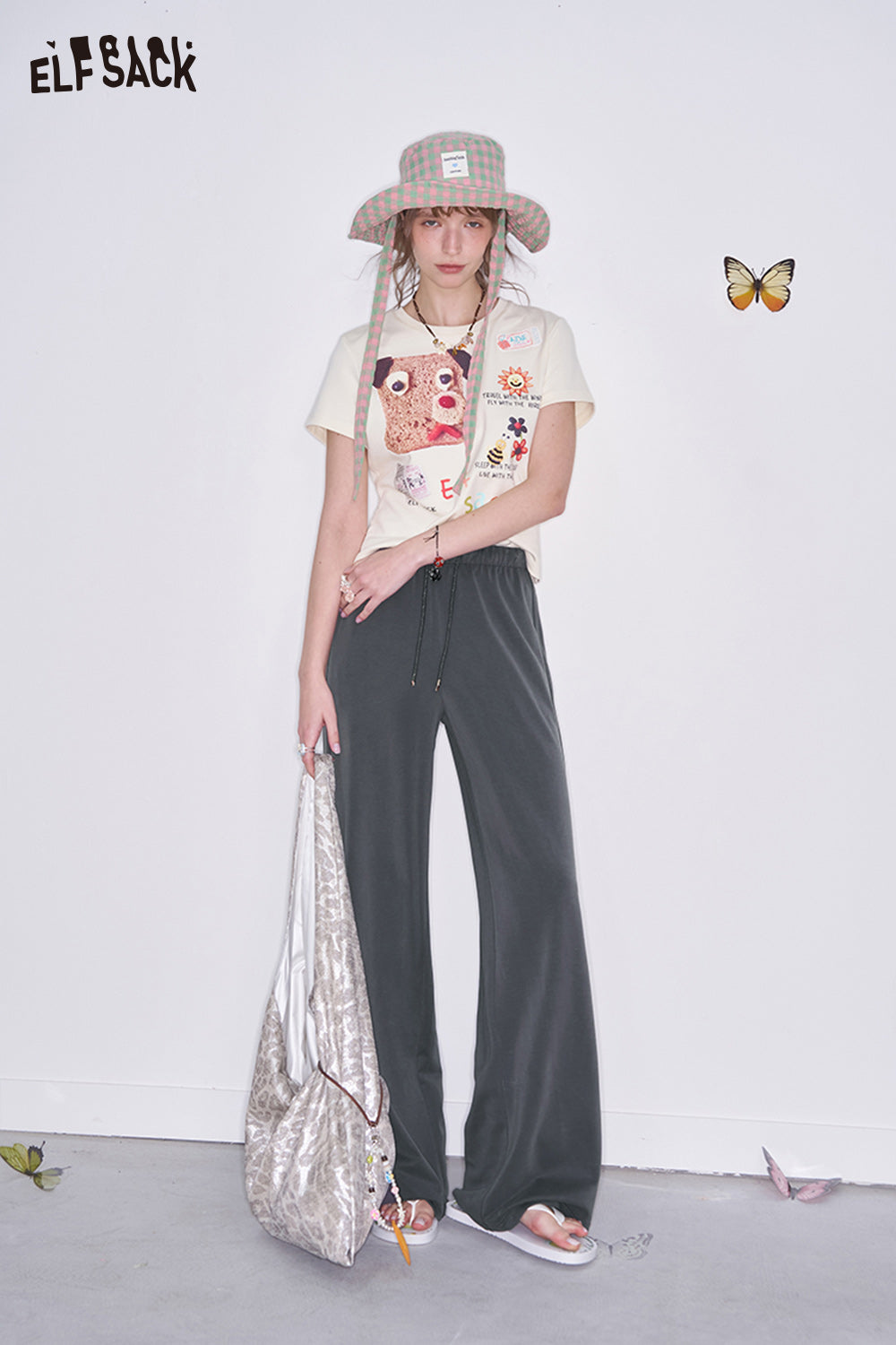 ELFSACK Y2K Retro Grey High Waist Drawstring Straight Pants Women Loose All-match Sweatpants