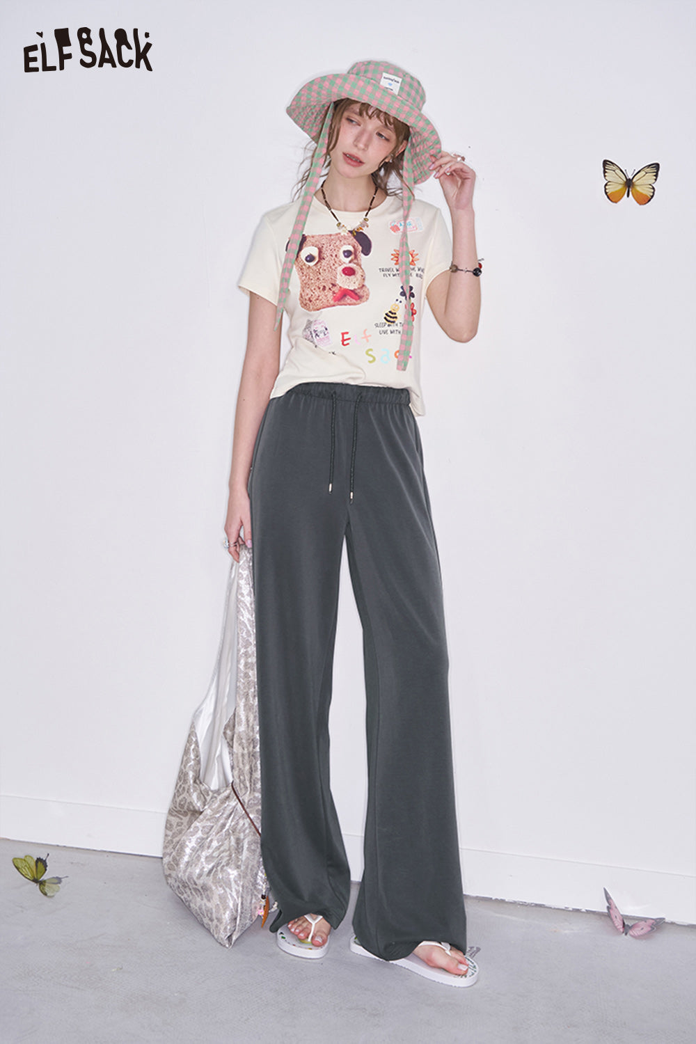 ELFSACK Y2K Retro Grey High Waist Drawstring Straight Pants Women Loose All-match Sweatpants