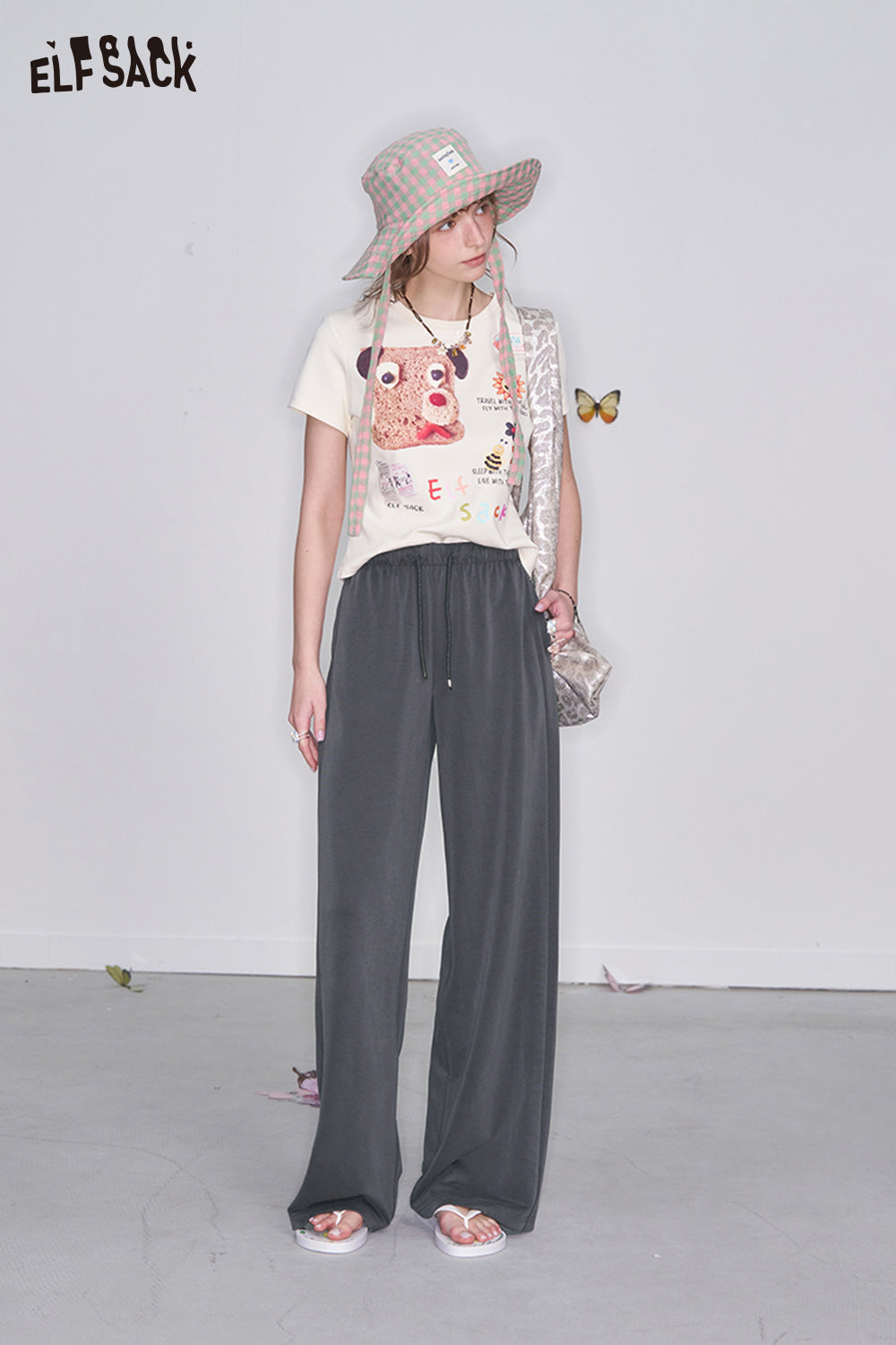 ELFSACK Y2K Retro Grey High Waist Drawstring Straight Pants Women Loose All-match Sweatpants