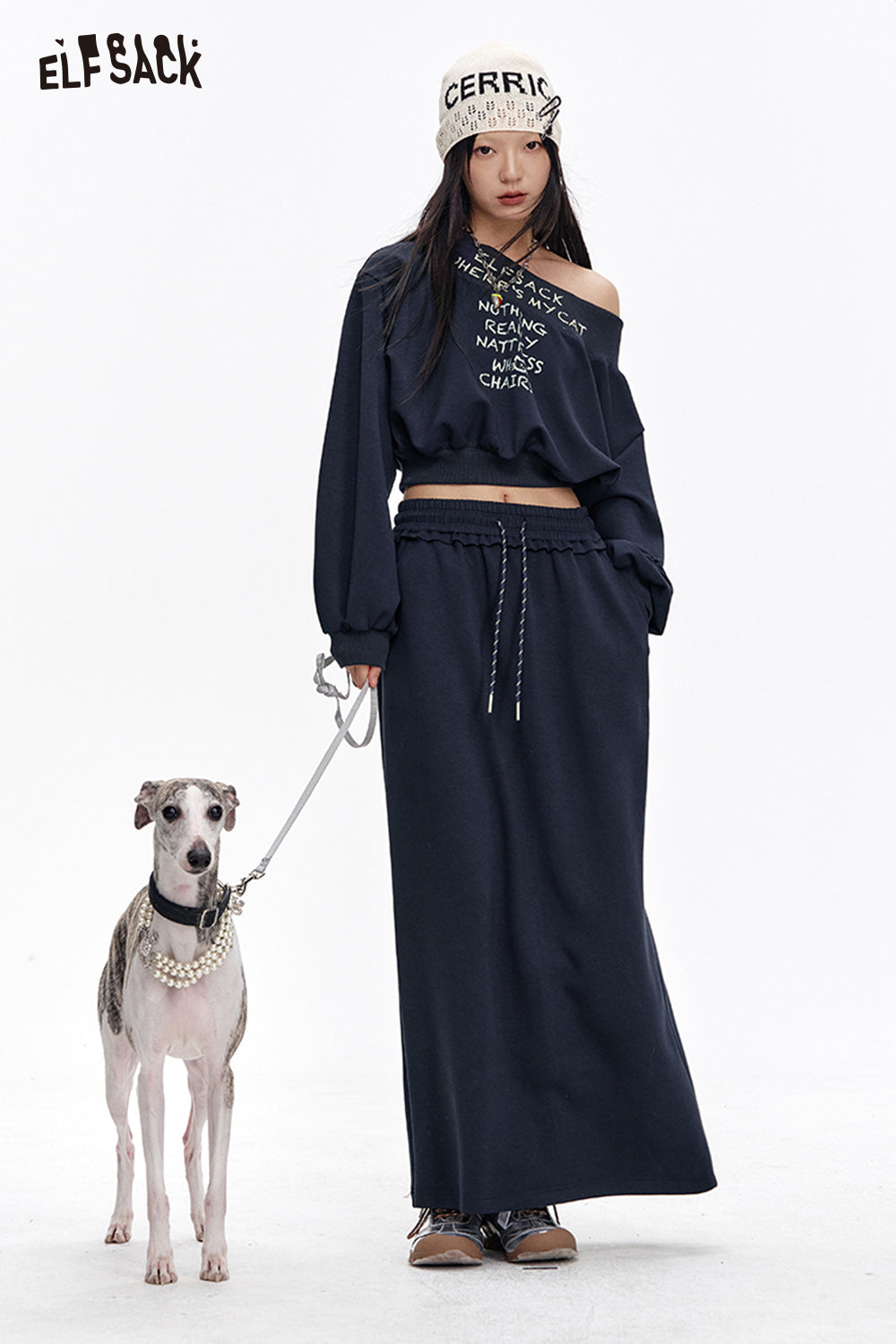 ELFSACK Casual Slash Neck Printed Sweatshirt Suit Women Long Skirt Two-piece Set Female