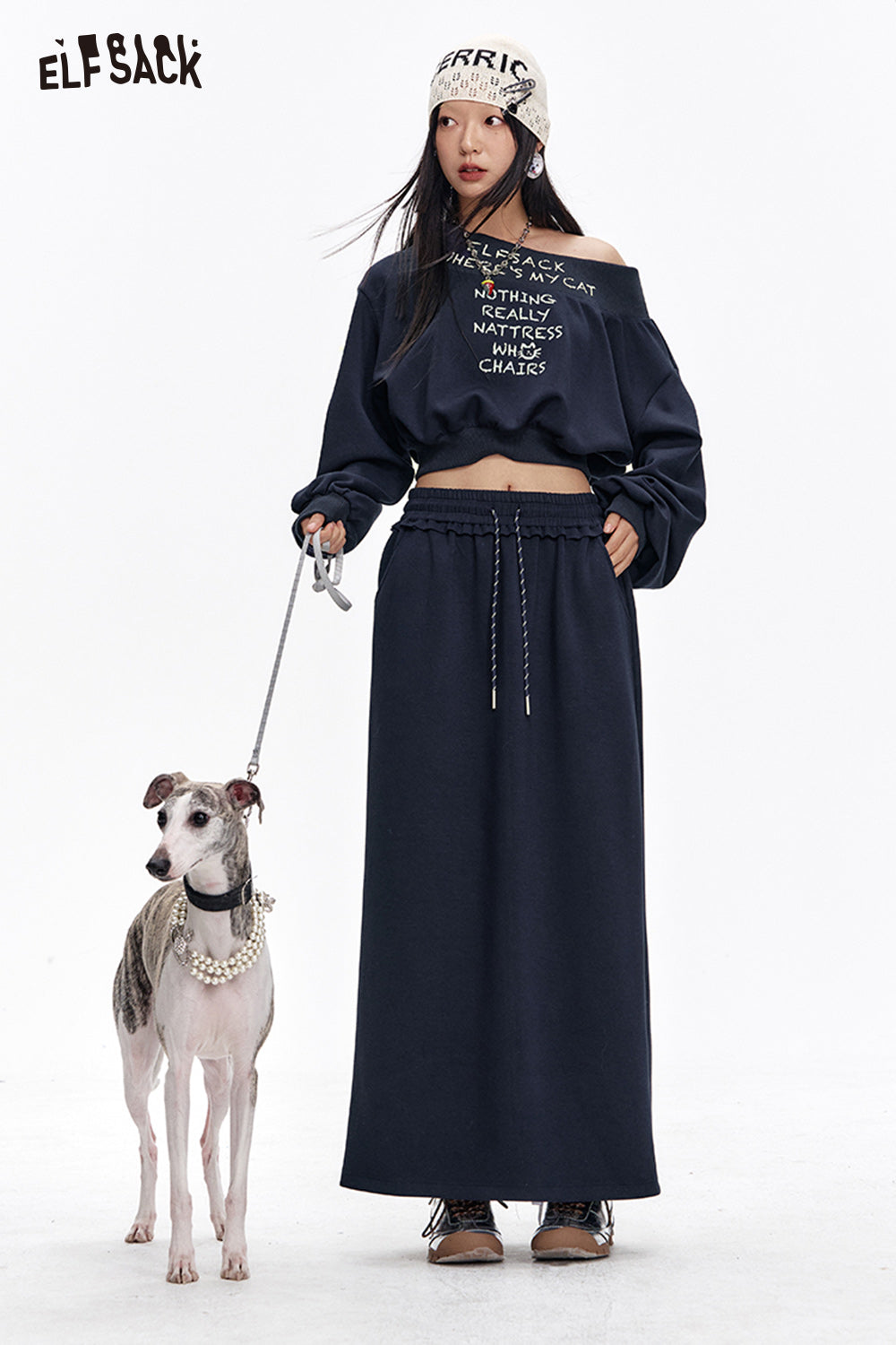 ELFSACK Casual Slash Neck Printed Sweatshirt Suit Women Long Skirt Two-piece Set Female