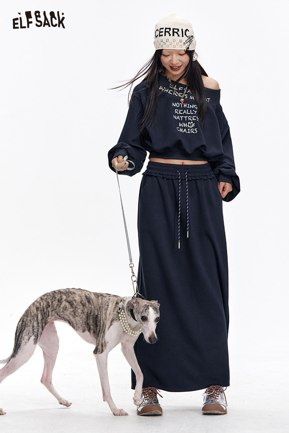 ELFSACK Casual Slash Neck Printed Sweatshirt Suit Women Long Skirt Two-piece Set Female
