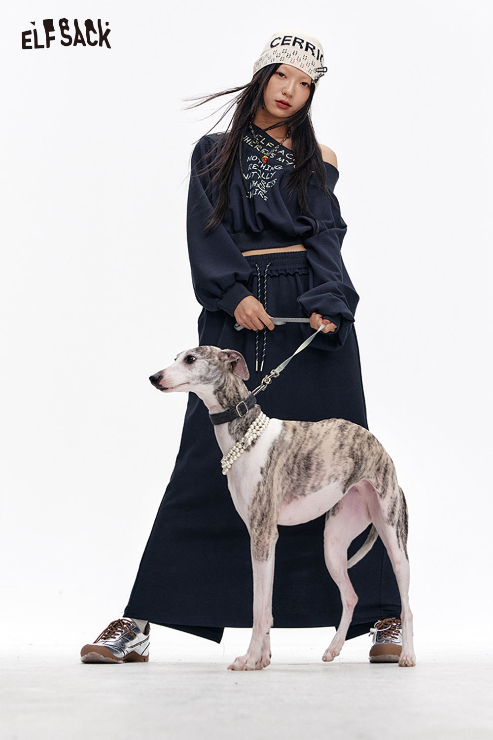 ELFSACK Casual Slash Neck Printed Sweatshirt Suit Women Long Skirt Two-piece Set Female