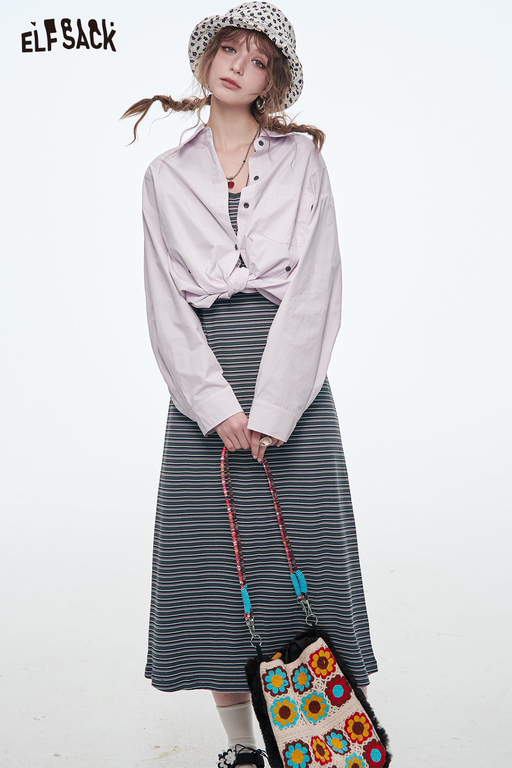 ELFSACK Long Dress Two-piece Set Women's Suits Fashion Stripe Dress