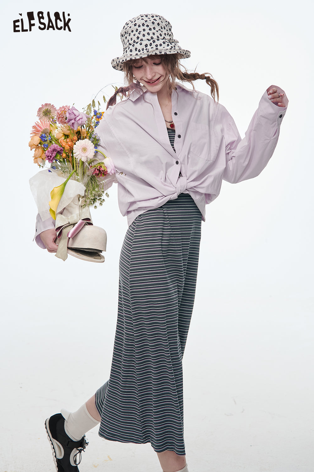 ELFSACK Long Dress Two-piece Set Women's Suits Fashion Stripe Dress