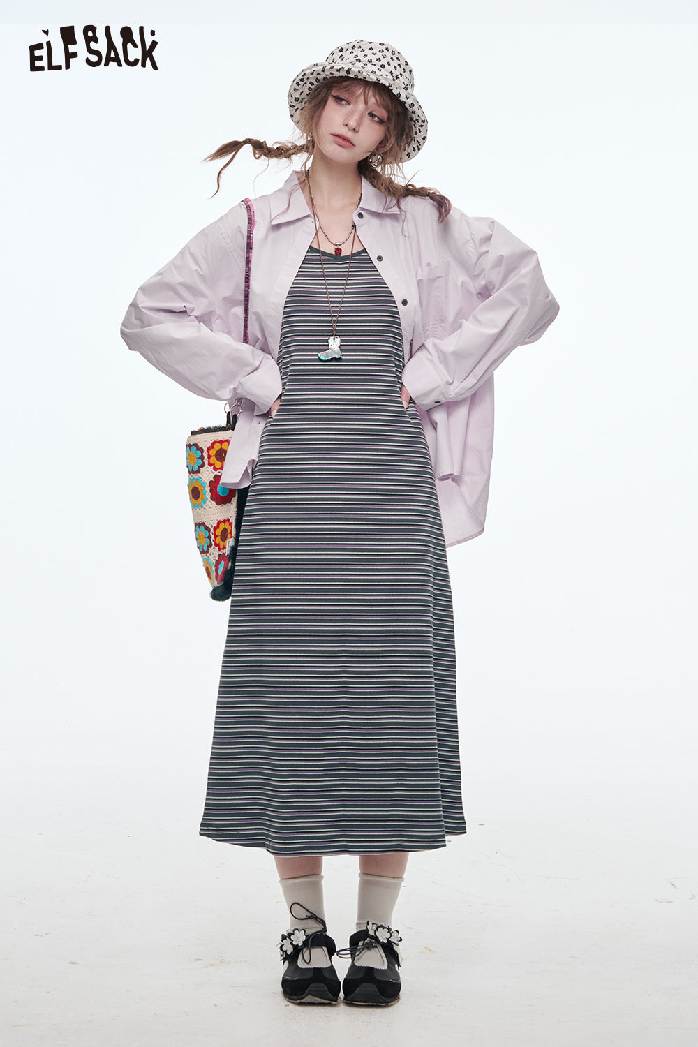ELFSACK Long Dress Two-piece Set Women's Suits Fashion Stripe Dress