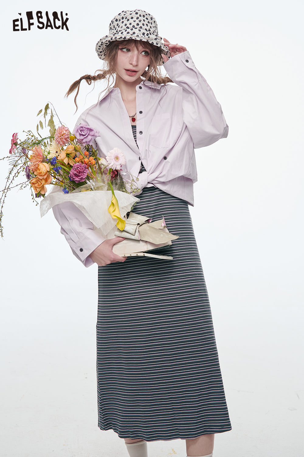 ELFSACK Long Dress Two-piece Set Women's Suits Fashion Stripe Dress