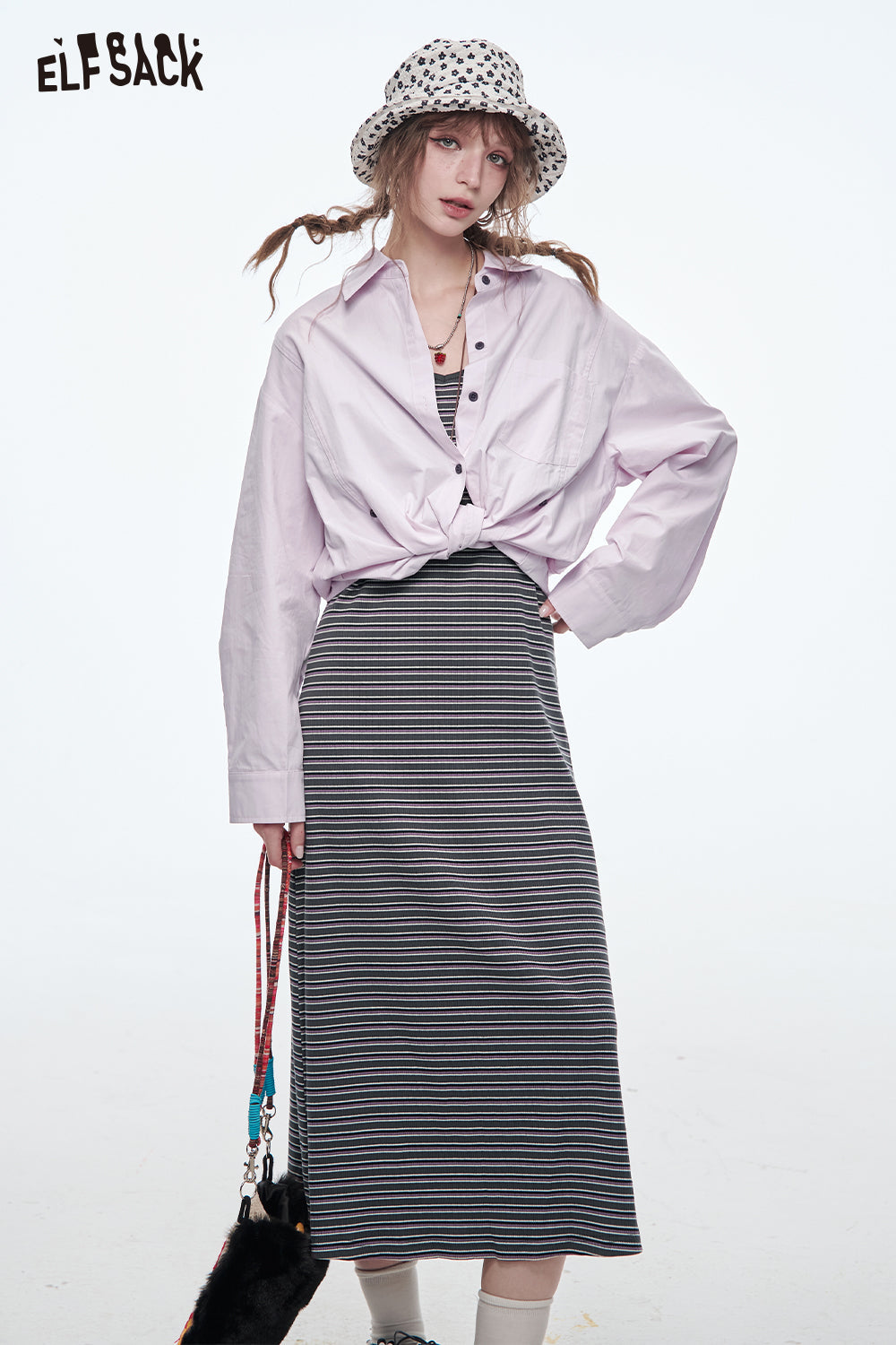 ELFSACK Long Dress Two-piece Set Women's Suits Fashion Stripe Dress