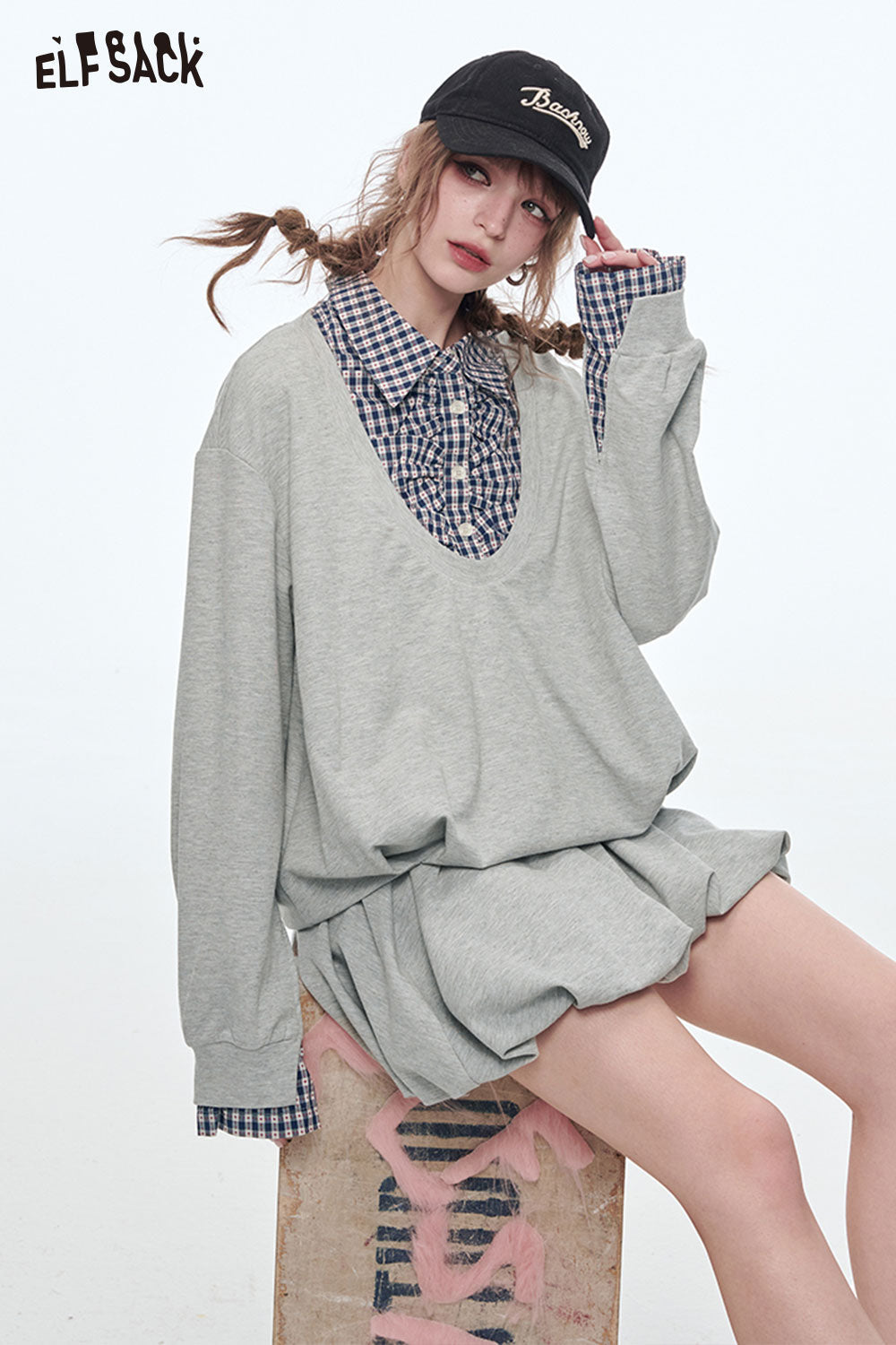 ELFSACK Sweet Sports Sweatshirt Mini Skirt Suit Women
