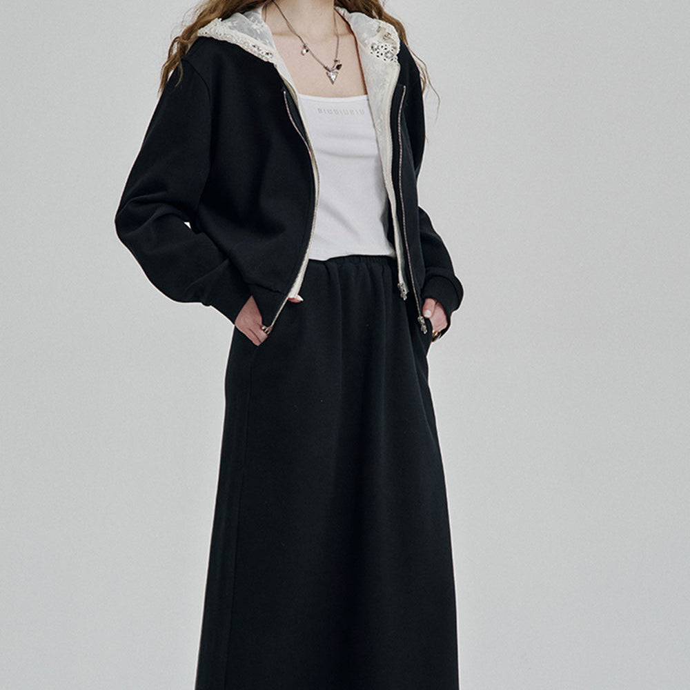 ELFSACK 2025 Spring New Arrivals Zipper Hooded Long Sleeve Sweatshirt Long Skirt Set Sport Fashion Female Suits Y2k Clothes