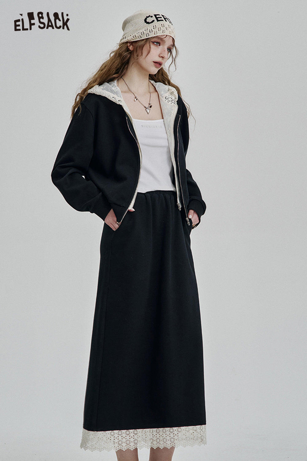 ELFSACK 2025 Spring New Arrivals Zipper Hooded Long Sleeve Sweatshirt Long Skirt Set Sport Fashion Female Suits Y2k Clothes