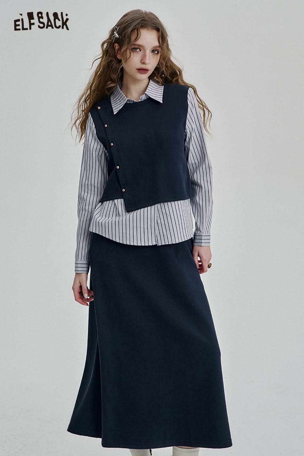 ELFSACK Knitted vest stitching striped shirt skirt Set women's casual elegant suit