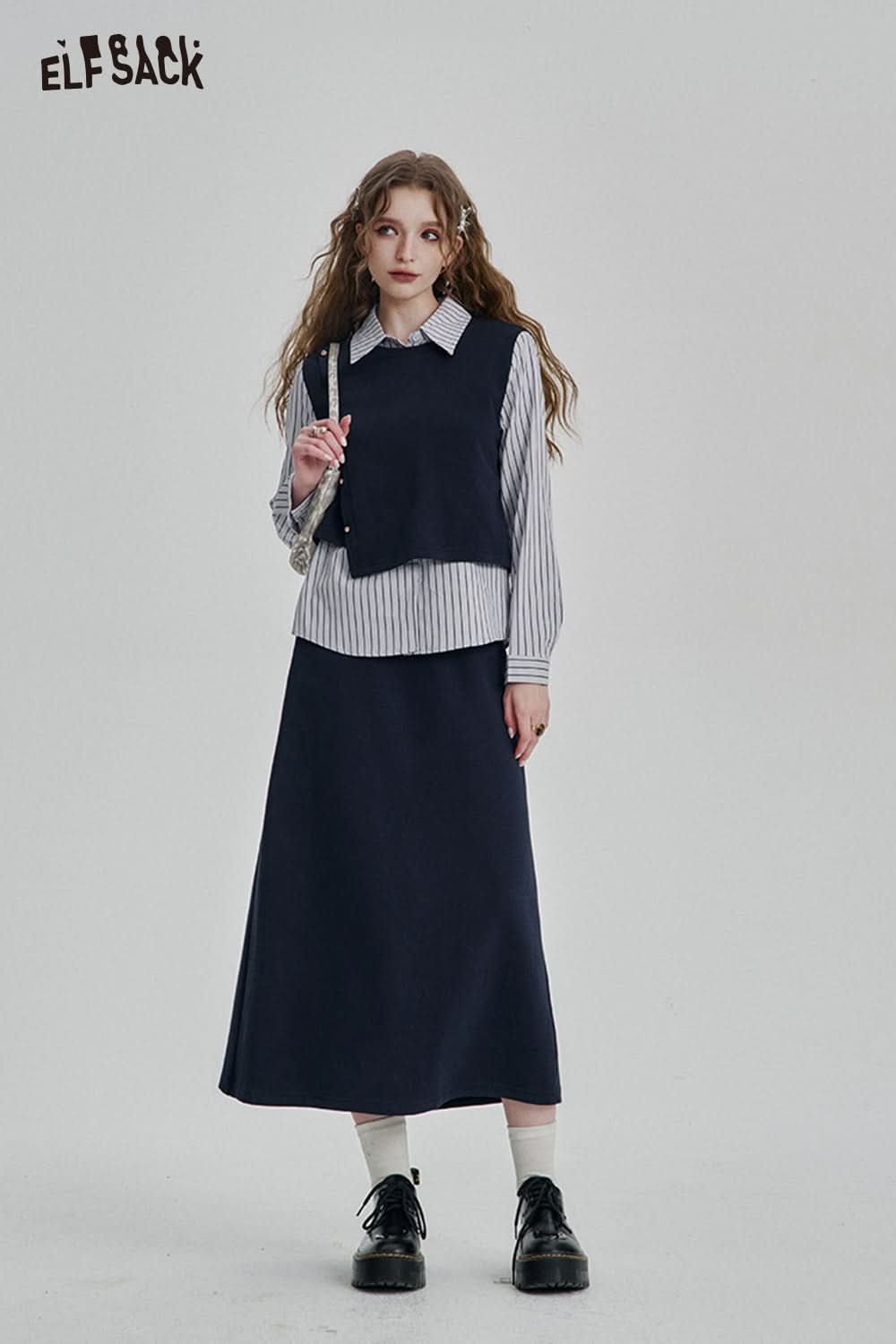 ELFSACK Knitted vest stitching striped shirt skirt Set women's casual elegant suit