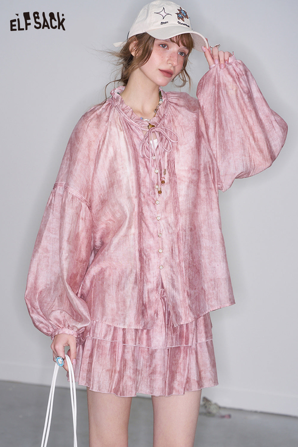 ELFSACK Neo-Chinese Style Pink Shirt Mini Skirt Two-piece Set Female