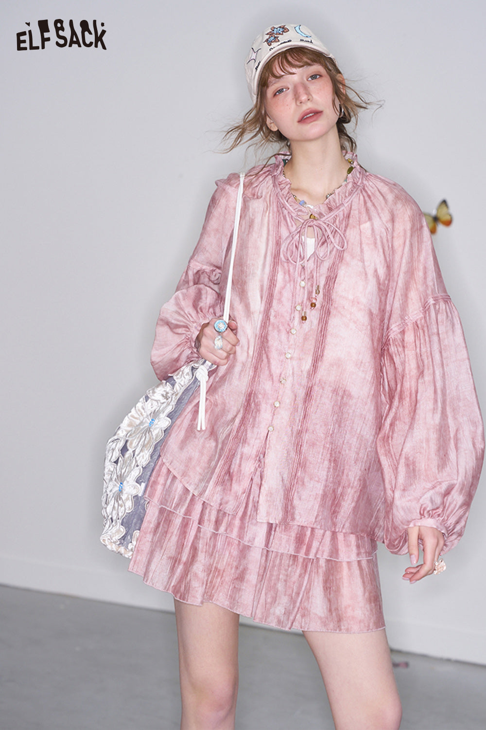 ELFSACK Neo-Chinese Style Pink Shirt Mini Skirt Two-piece Set Female