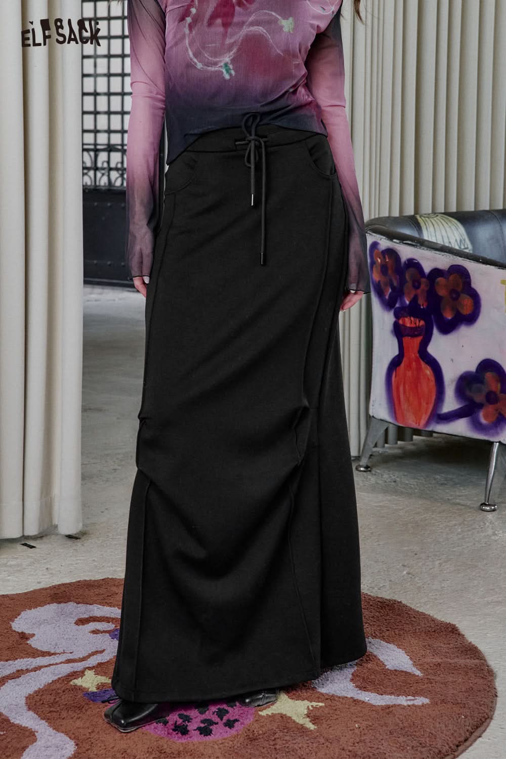 ELFSACK Sweet cool high waist A-line black slim fit skirt pleated slit fishtail skirt