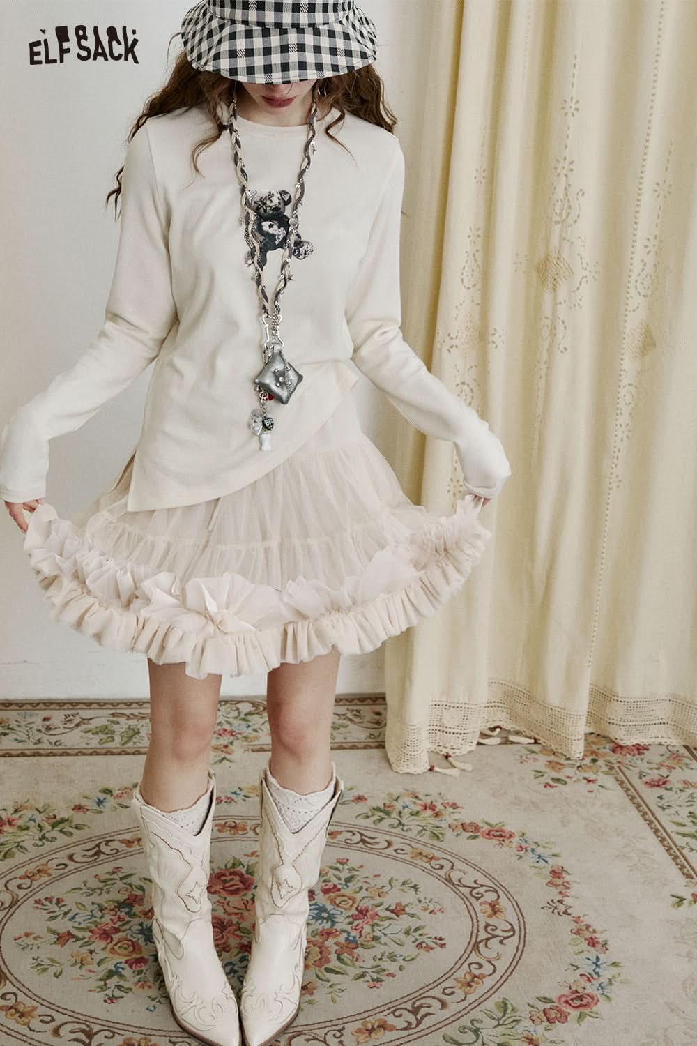 ELFSACK Mesh splicing pleated A-line skirt sweet cake skirt tutu skirt