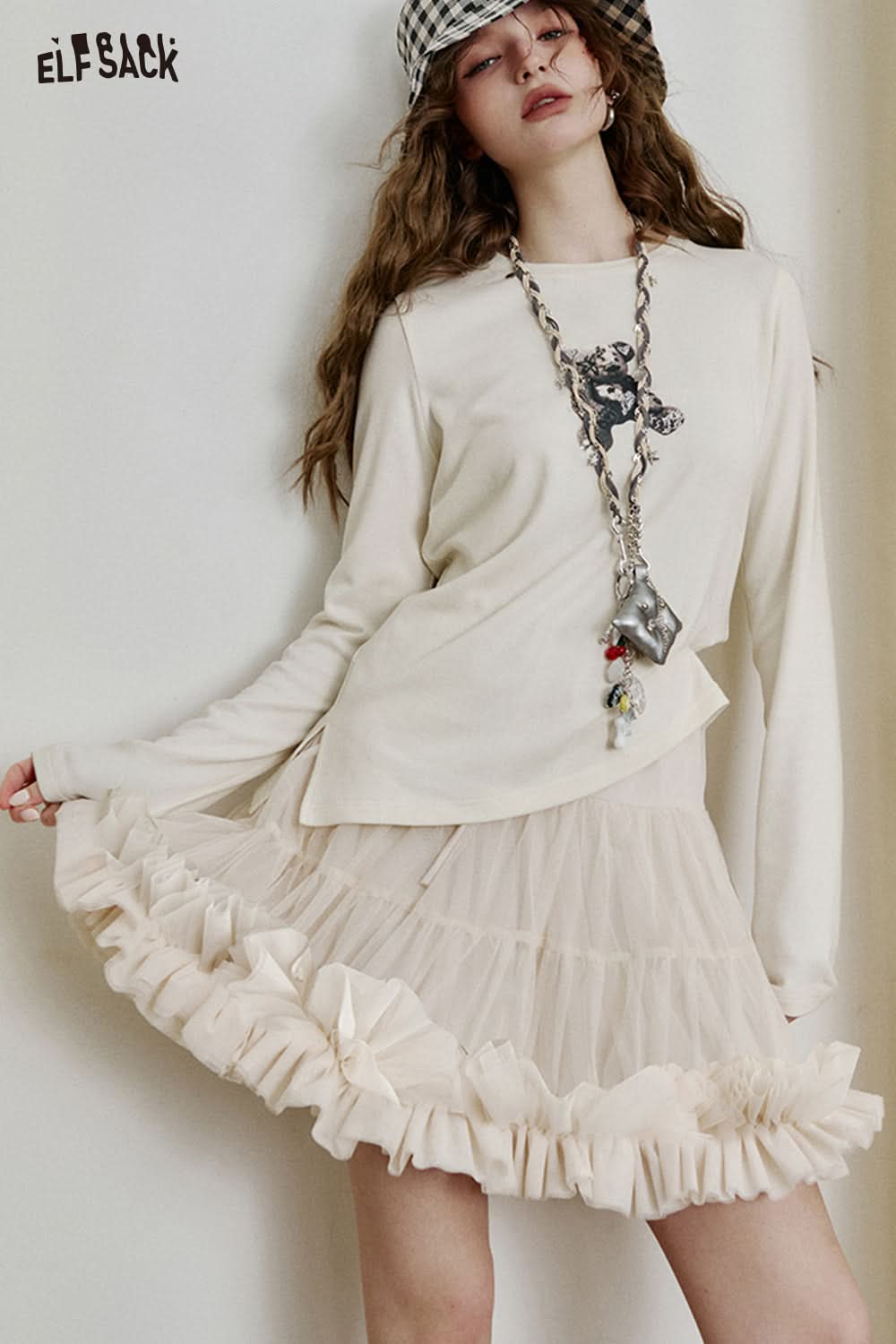 ELFSACK Mesh splicing pleated A-line skirt sweet cake skirt tutu skirt