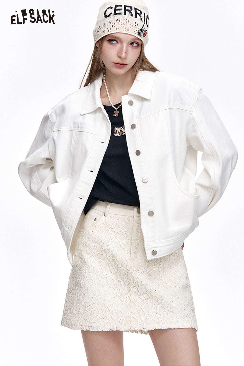 ELFSACK Preppy Style Solid Lace High Waist A-Line Skirt Women's All-match Off-White Cotton Mini Skirt