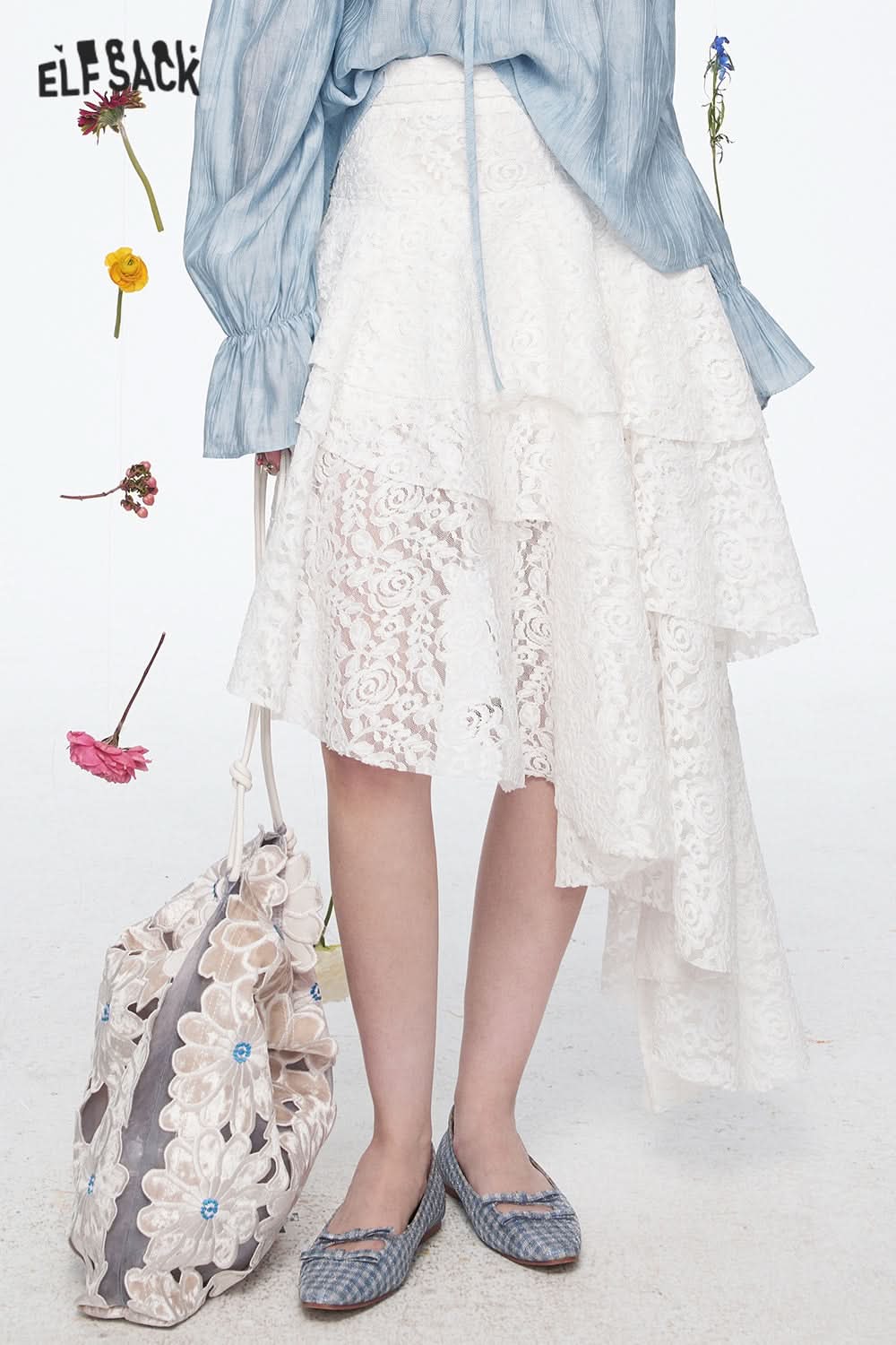 ELFSACK Y2K White Irregular Lace Skirt Women Sweet Asymmetric Ruffles Mini Skirt