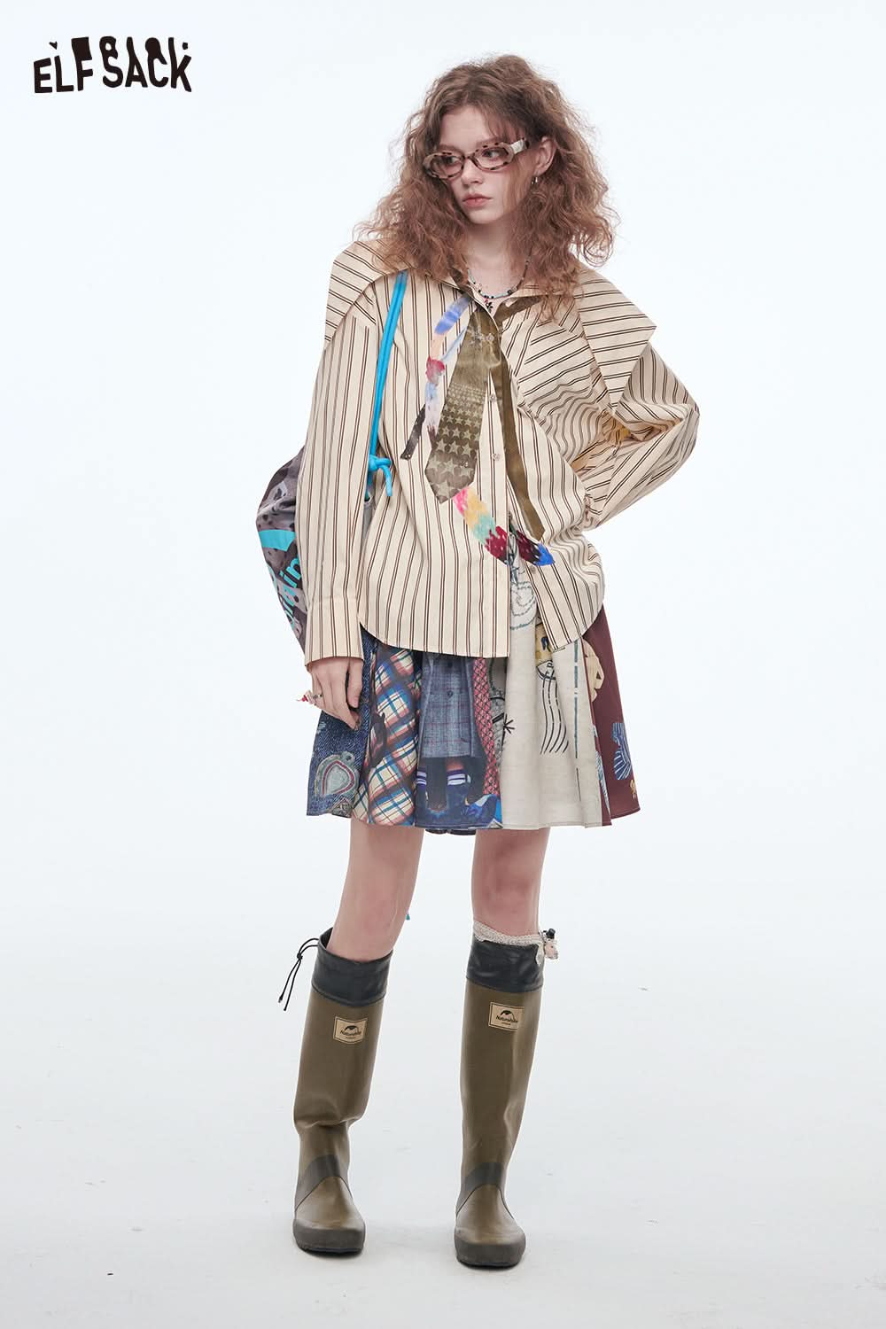 ELFSACK Y2K Printed Ruffle Skirt Women Punk Beaded PU Belt High Street Mini Skirt