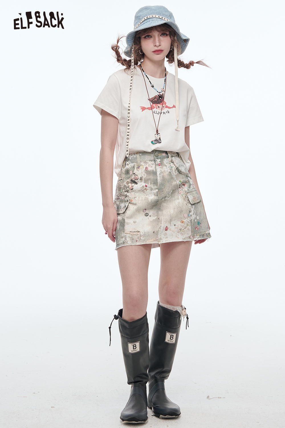 ELFSACK Y2K Original Print Pockets Ripped Skirt Women High Waist A-line Mini Skirt