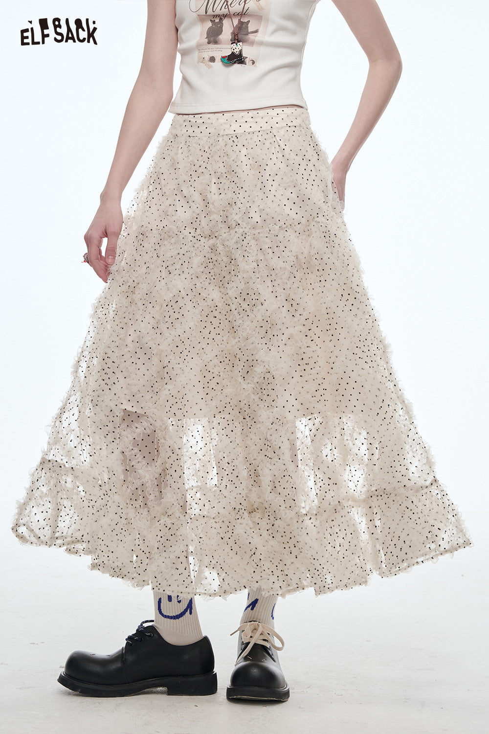 ELFSACK Polkadot Mesh Skirt Women Sweet Lace Patchwork Frill Long Skirt