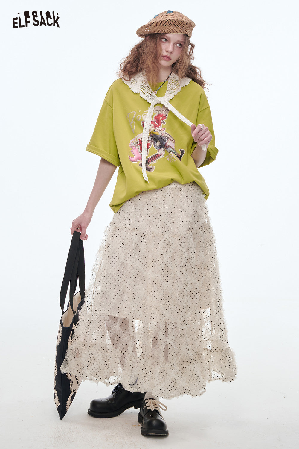 ELFSACK Polkadot Mesh Skirt Women Sweet Lace Patchwork Frill Long Skirt
