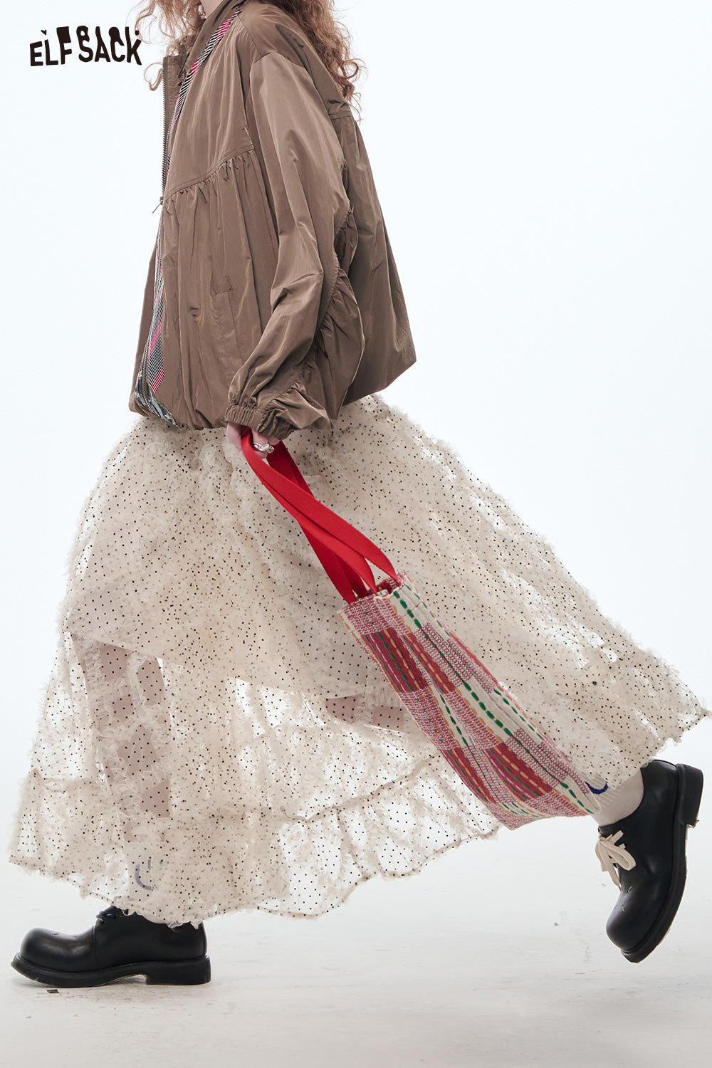 ELFSACK Polkadot Mesh Skirt Women Sweet Lace Patchwork Frill Long Skirt