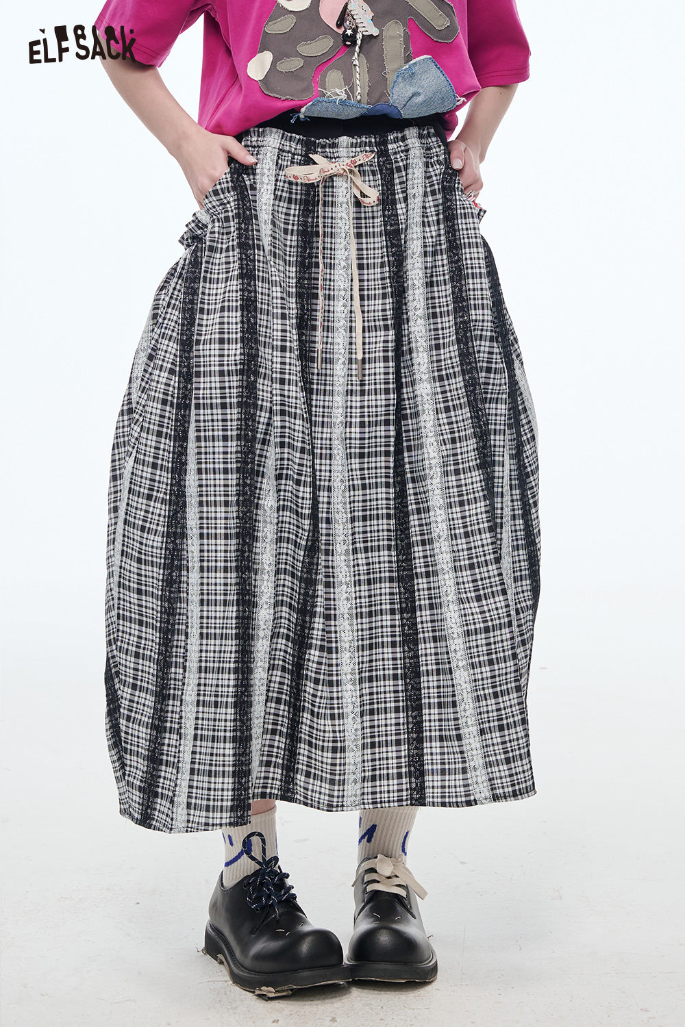 ELFSACK Sweet Bow Pleated Plaid Skirt Women Lace Stitching Loose Long Skirt