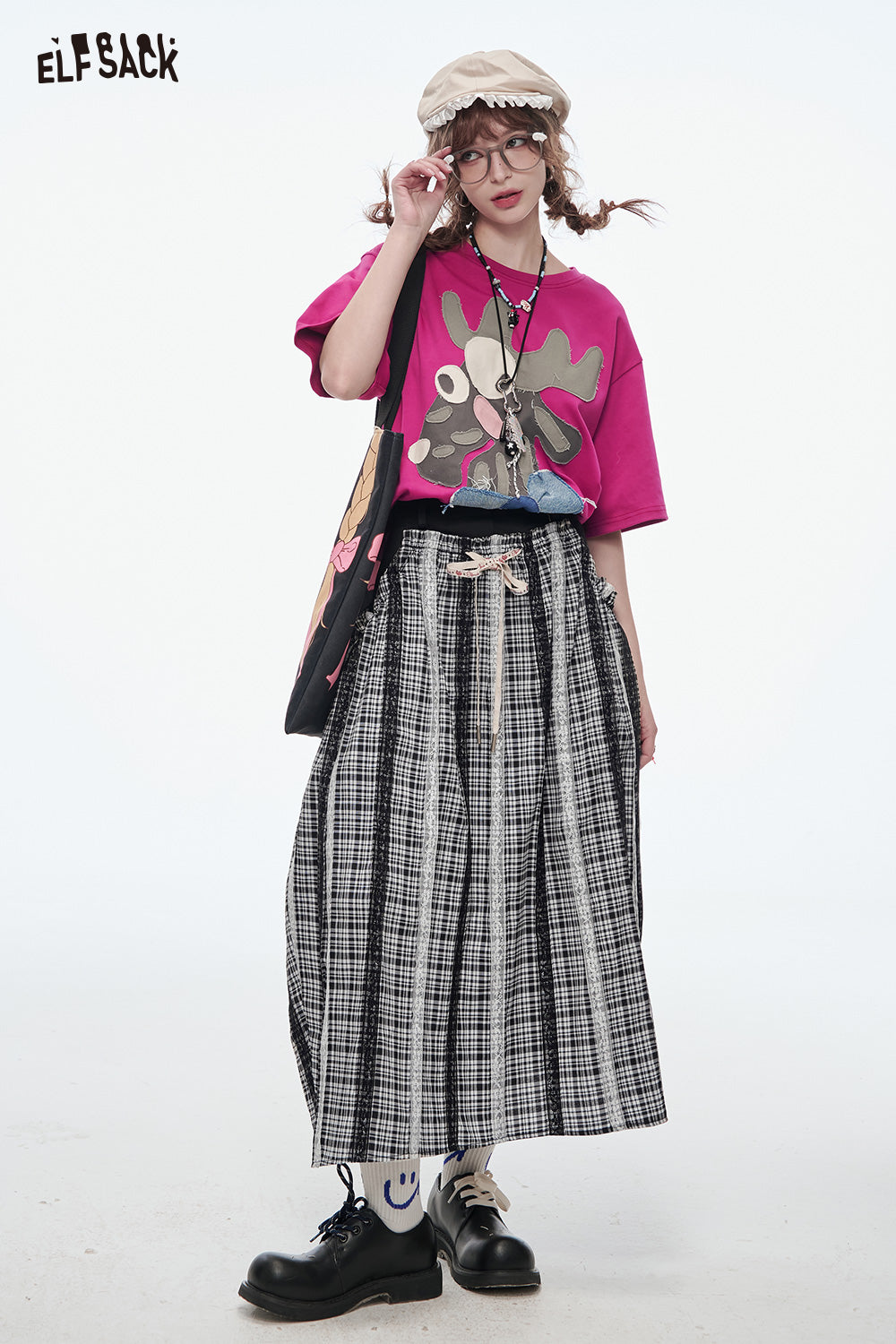 ELFSACK Sweet Bow Pleated Plaid Skirt Women Lace Stitching Loose Long Skirt