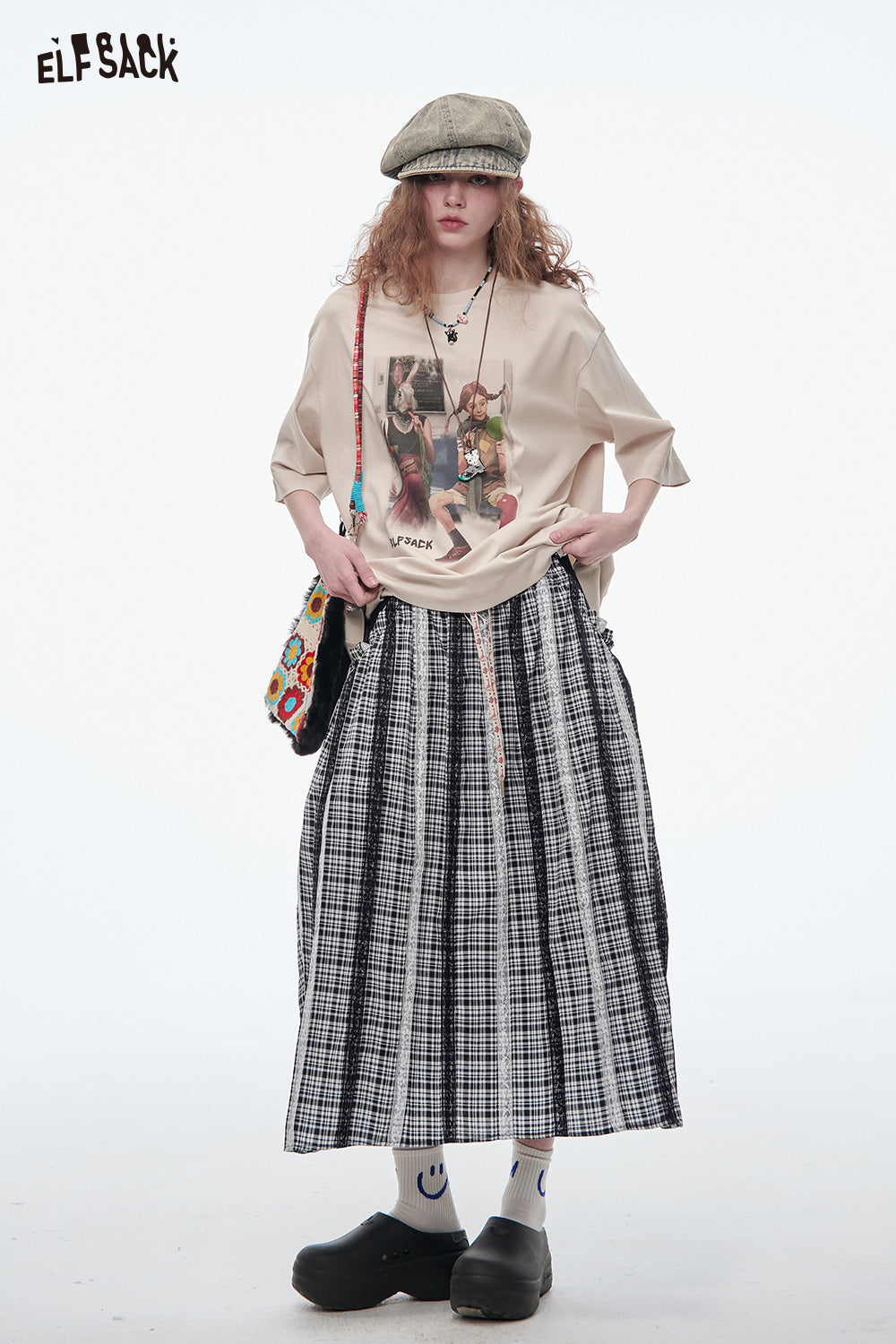 ELFSACK Sweet Bow Pleated Plaid Skirt Women Lace Stitching Loose Long Skirt
