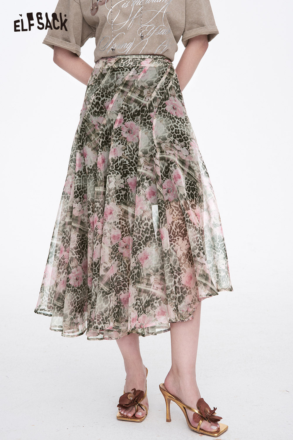 ELFSACK Y2K Leopard Print Flower Print Irregular Chiffon Skirt Women