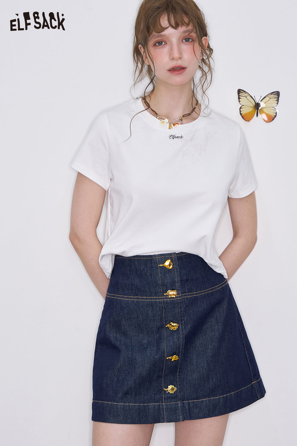 ELFSACK Retro Blue High Waist A-Line Denim Skirt Women Washed Denim Metal Buttons Mini Skirt