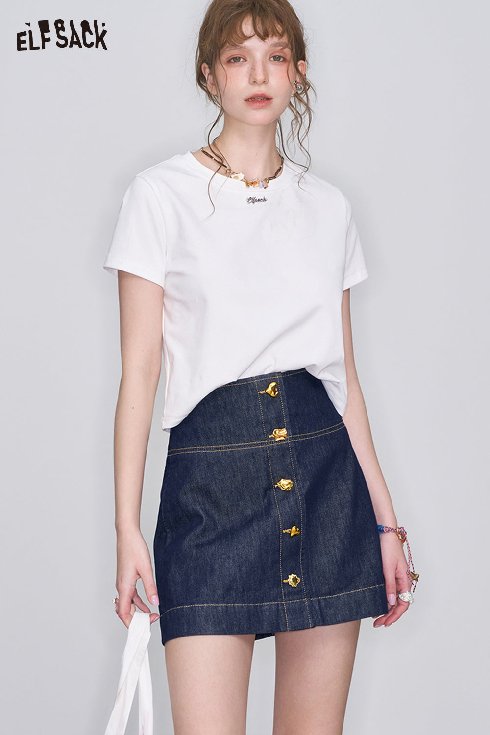 ELFSACK Retro Blue High Waist A-Line Denim Skirt Women Washed Denim Metal Buttons Mini Skirt