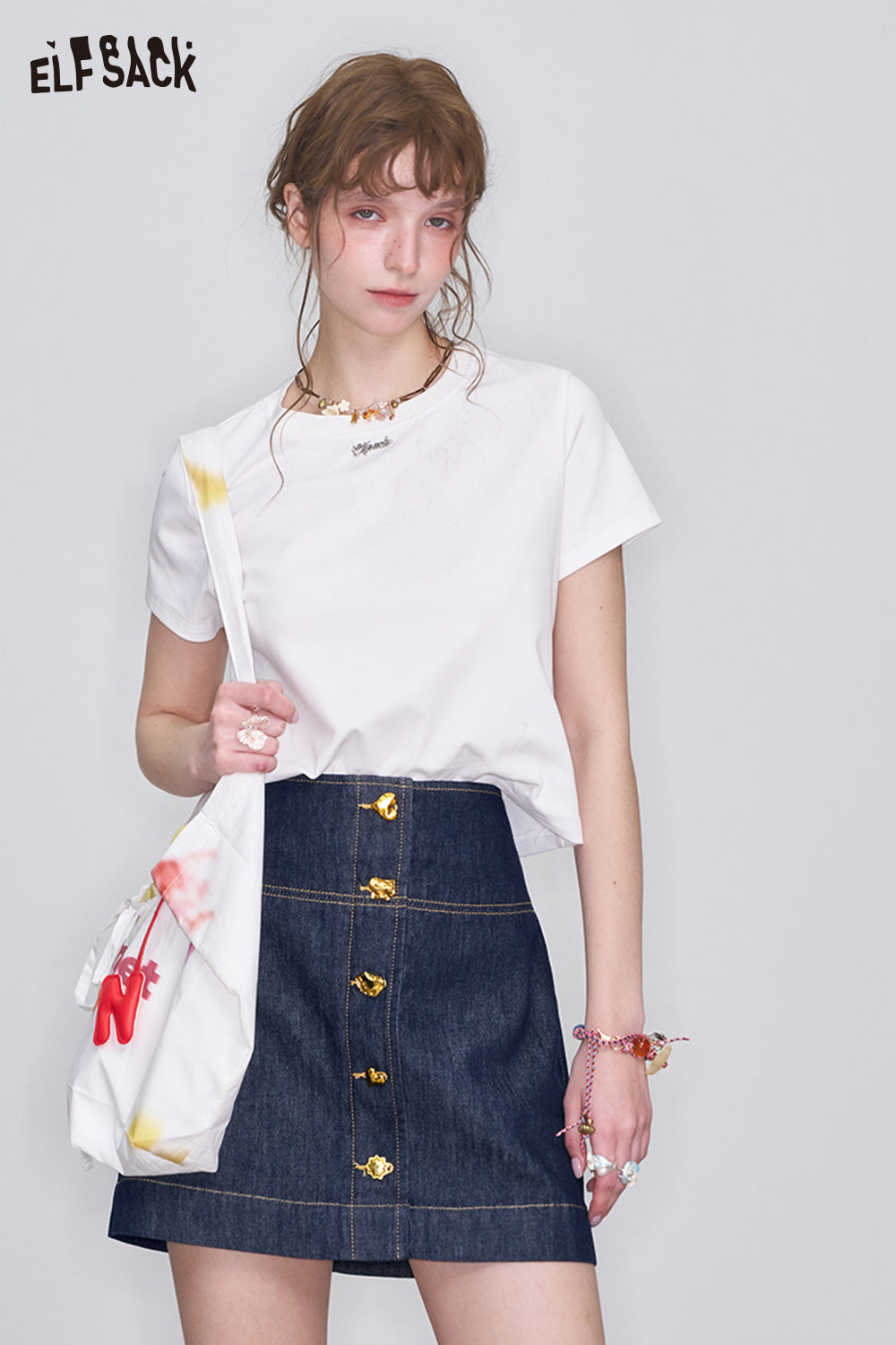 ELFSACK Retro Blue High Waist A-Line Denim Skirt Women Washed Denim Metal Buttons Mini Skirt