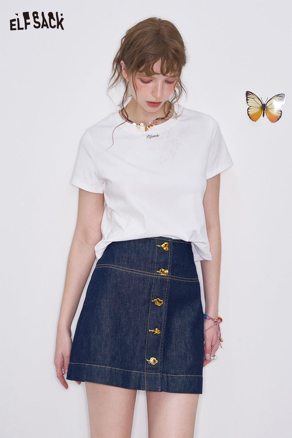 ELFSACK Retro Blue High Waist A-Line Denim Skirt Women Washed Denim Metal Buttons Mini Skirt