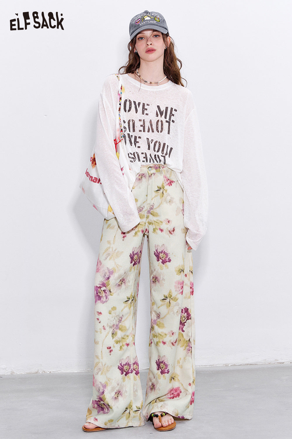 ELFSACK Y2K Floral Print Loose Straight Pants Woman Retro Hottie Wide Leg Pants