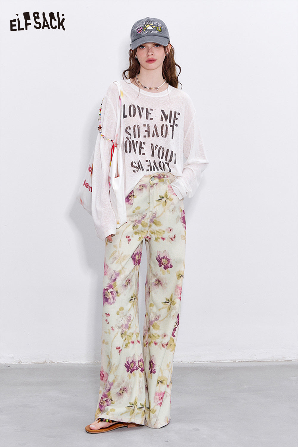 ELFSACK Y2K Floral Print Loose Straight Pants Woman Retro Hottie Wide Leg Pants