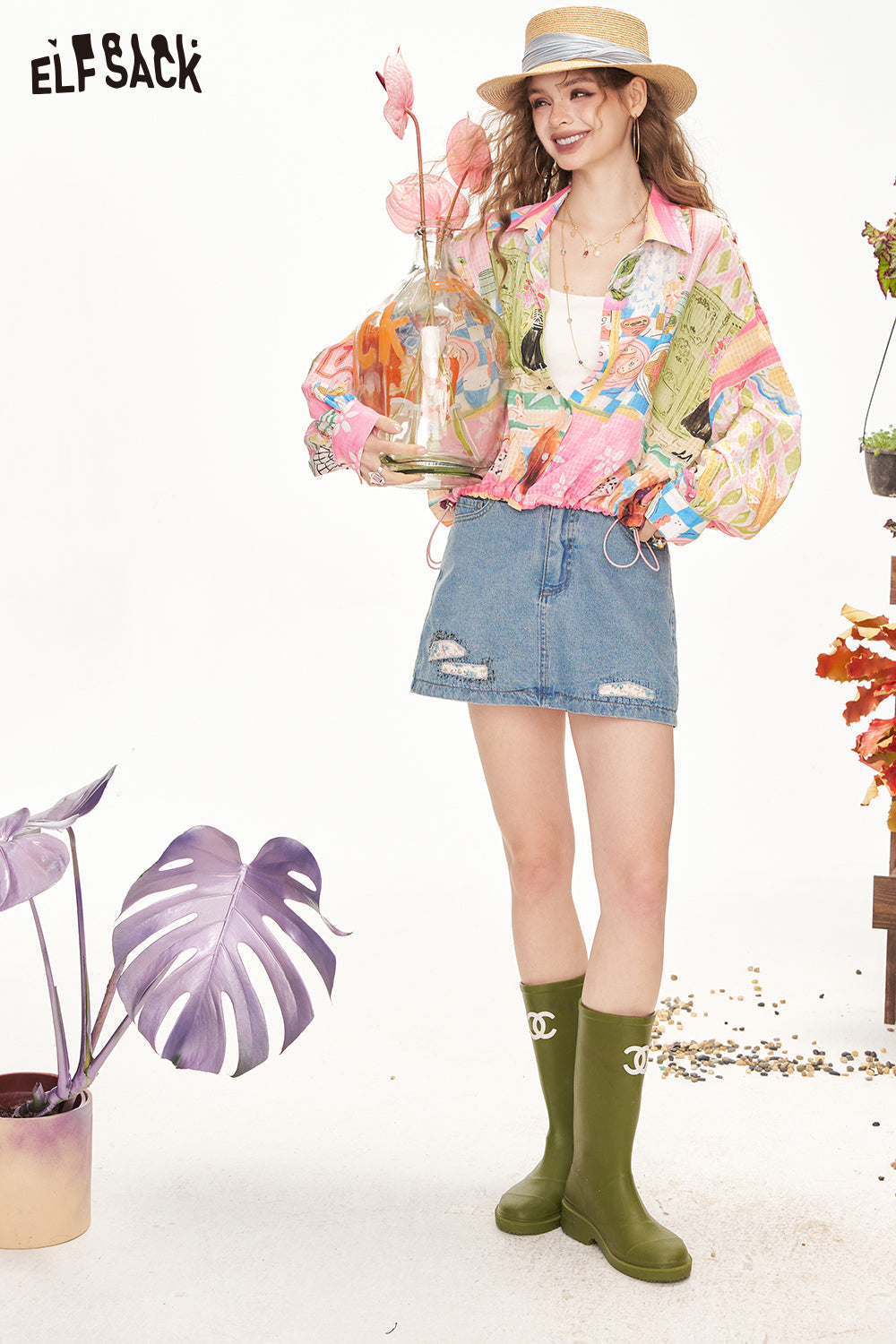 ELFSACK High Waisted Embroidered Patchwork Casual Denim Skirt