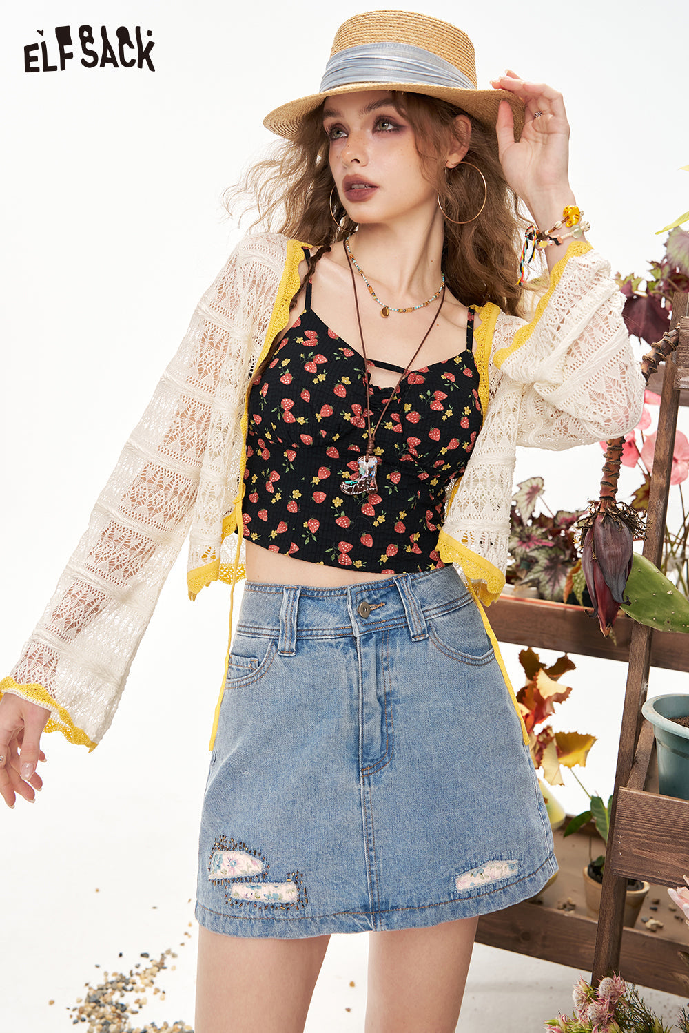 ELFSACK High Waisted Embroidered Patchwork Casual Denim Skirt