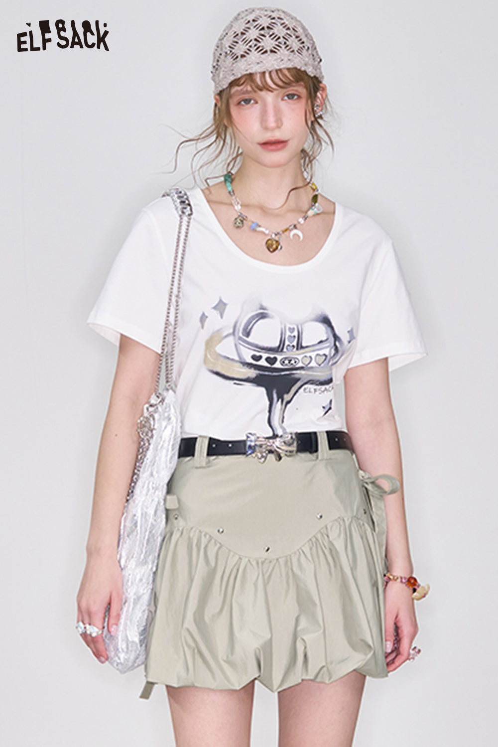 ELFSACK Y2K Bowknot Gray Pleated Skirt Women Sweet A-line Short Skirt with Bowknot Belt