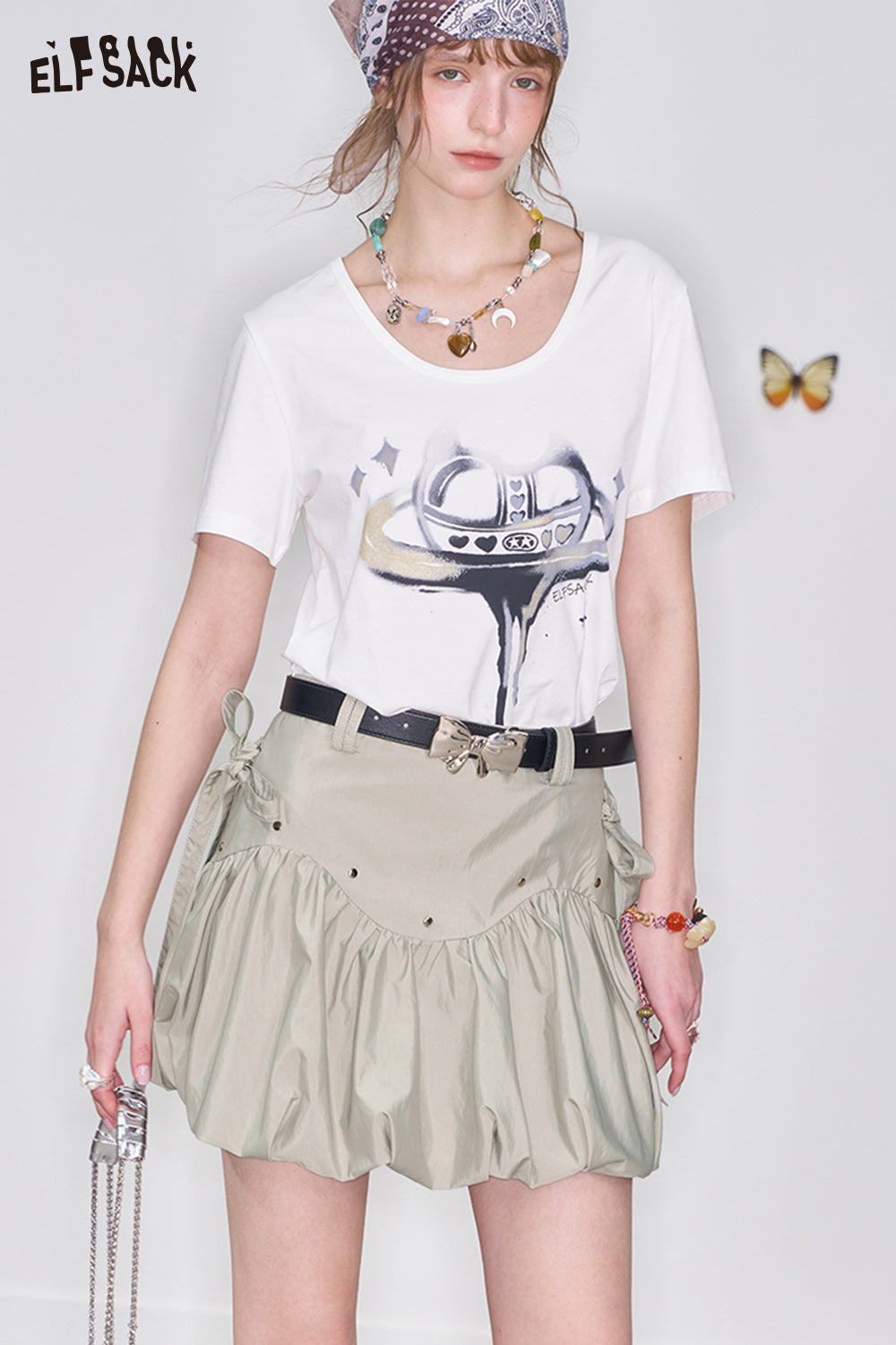ELFSACK Y2K Bowknot Gray Pleated Skirt Women Sweet A-line Short Skirt with Bowknot Belt