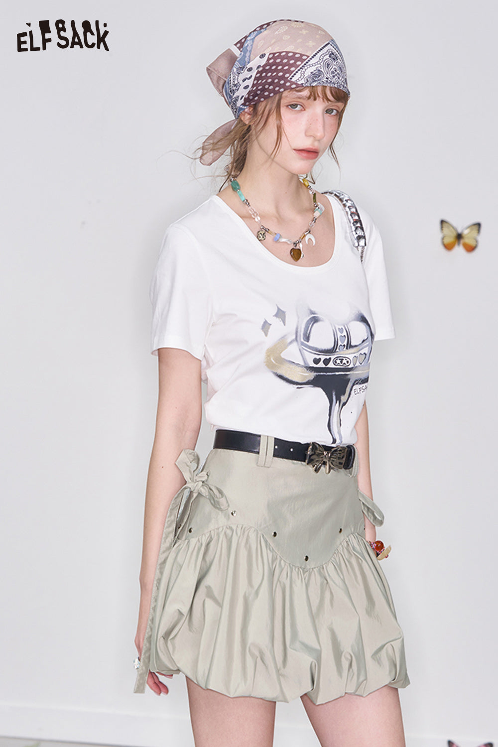 ELFSACK Y2K Bowknot Gray Pleated Skirt Women Sweet A-line Short Skirt with Bowknot Belt