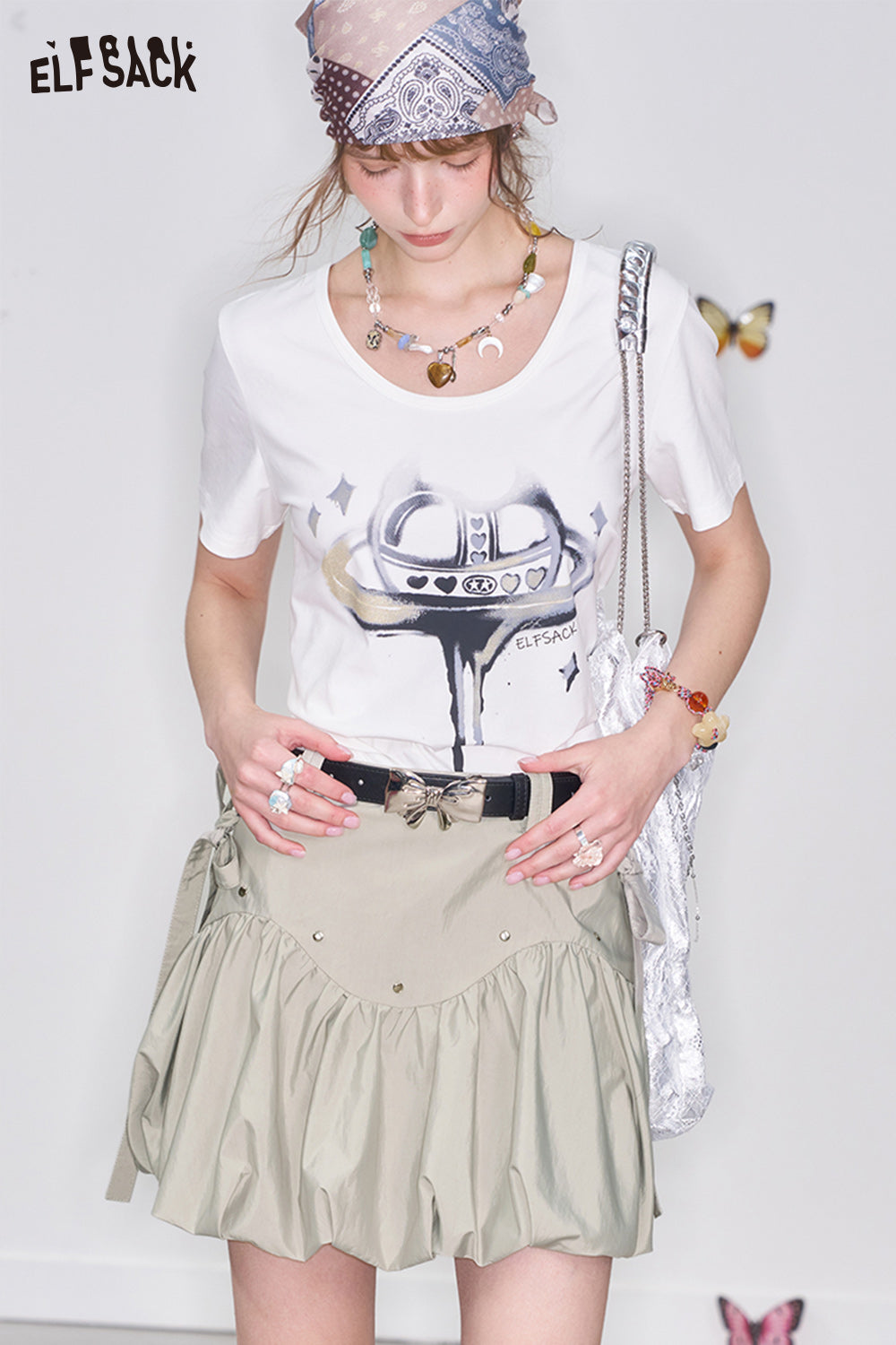 ELFSACK Y2K Bowknot Gray Pleated Skirt Women Sweet A-line Short Skirt with Bowknot Belt