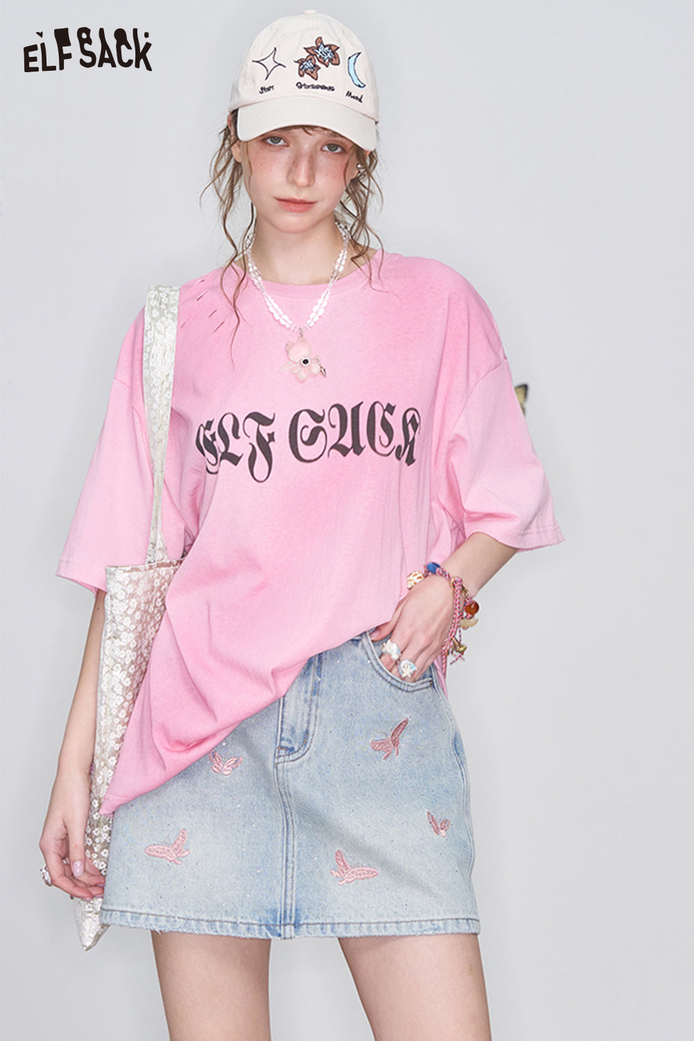 ELFSACK Y2K Butterfly Embroidery Diamond Denim Skirt Women High Waist A-Line Mini Skirt
