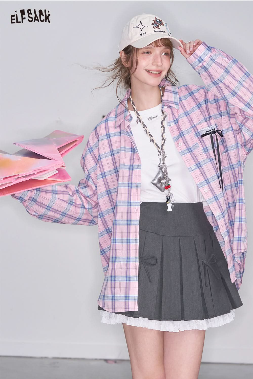 ELFSACK Y2K Preppy Style Lace Stitching Grey Pleated Mini Skirt Women