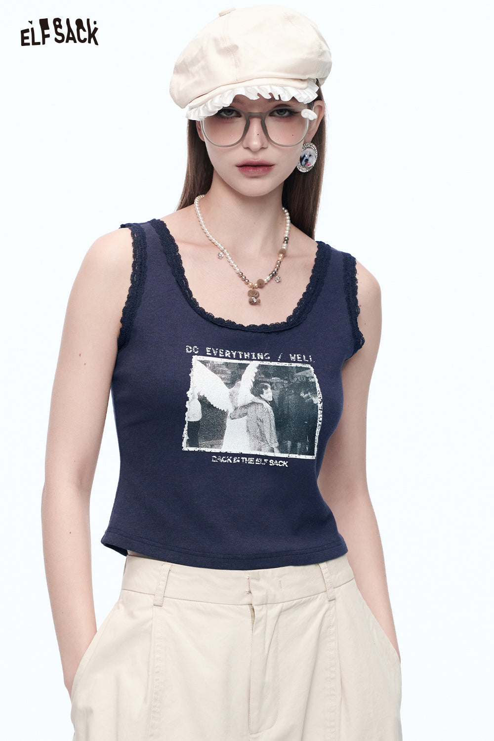 ELFSACK Sweet Kitten Print Lace Camisole Women Sexy Short Tank Tops