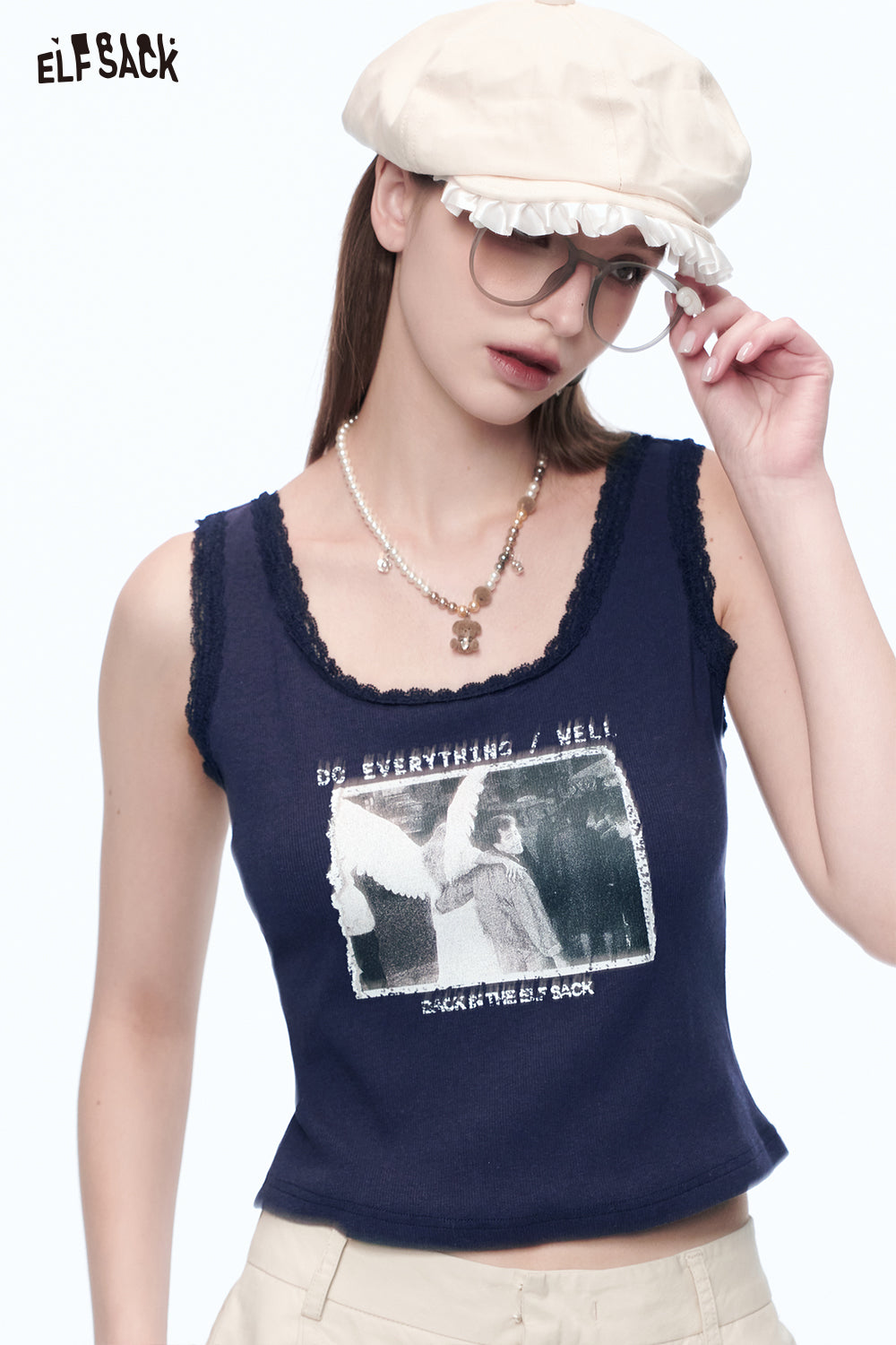 ELFSACK Sweet Kitten Print Lace Camisole Women Sexy Short Tank Tops